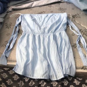 Blue and white off the shoulder romper